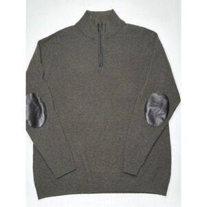 Autumn Cashmere Mens Olive Green 100% Cashmere Quarter Zip Leather Elbow Patch L